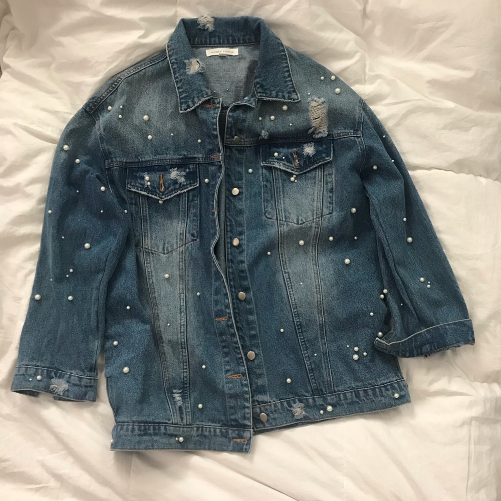 Honey Punch Blue Distressed Pearl-Embellished Denim Jacket